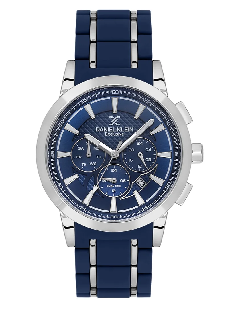 DANIEL KLEIN Men's Stainless Steel and Silicone Silver Alloy Case Analog Dark Blue Round Double Layer Dial Japanese Quartz Exclusive 50 Meters Water Resistant
